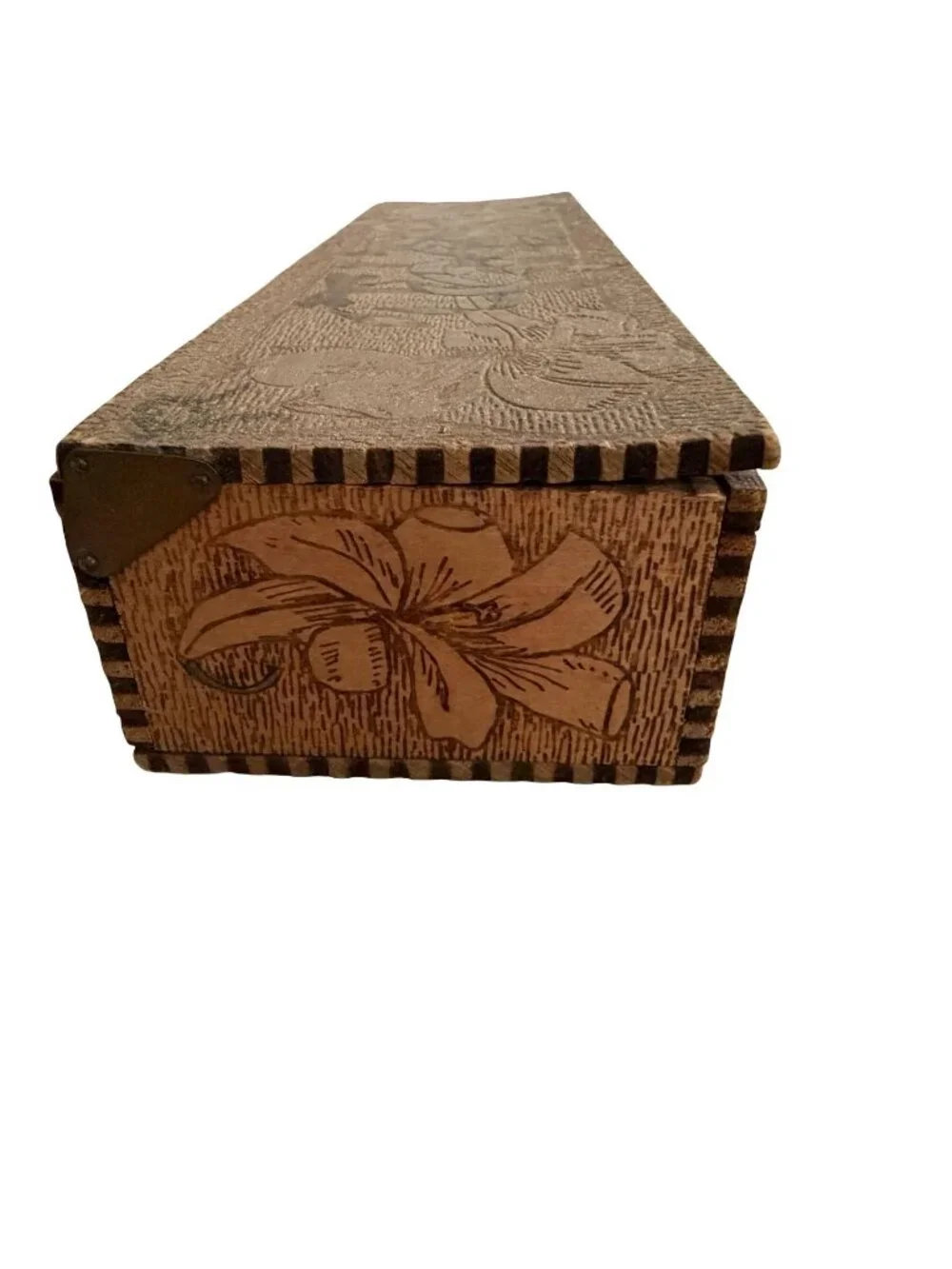 Antique c1900 Flemish Art Pyrography TIES Necktie Box Wood Burned Floral 11